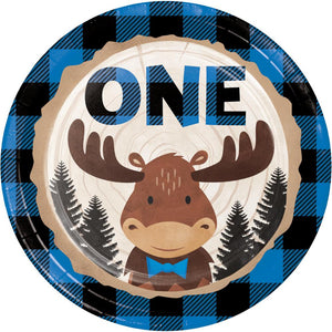 Bulk Pack of 24 Moose Blue Buffalo Plaid "One" Dessert Plate