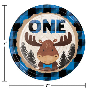 Bulk Pack of 24 Moose Blue Buffalo Plaid "One" Dessert Plate