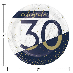 Bulk Pack of 24 Navy & Gold Milestone "30" Paper Dessert Plate