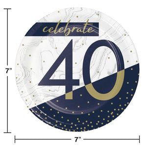 Bulk Pack of 24 Navy & Gold Milestone "40" Paper Dessert Plate