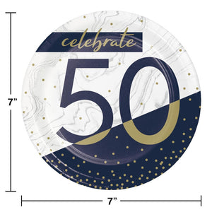 Bulk Pack of 24 Navy & Gold Milestone "50" Paper Dessert Plate