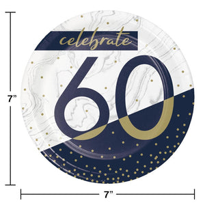 Bulk Pack of 24 Navy & Gold Milestone "60" Paper Dessert Plate