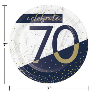 Bulk Pack of 24 Navy & Gold Milestone "70" Paper Dessert Plate