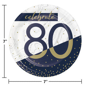 Bulk Pack of 24 Navy & Gold Milestone "80" Paper Dessert Plate