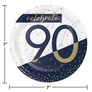 Bulk Pack of 24 Navy & Gold Milestone "90" Paper Dessert Plate