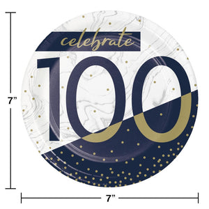 Bulk Pack of 24 Navy & Gold Milestone Paper Dessert Plate "100"