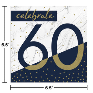 Bulk Pack of 32 Navy & Gold Milestone "60" Luncheon Napkin