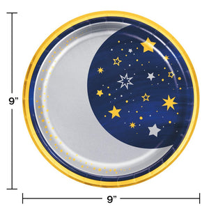 Bulk Pack of 16 Starry Night Dinner Paper/Foil Plate, Moon