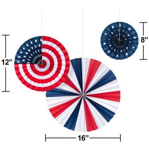 Bulk Pack of 6 Patriotic Fans PR 16" 12" 8"