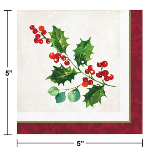 Bulk Pack of 48 Holiday Holly Beverage 2Ply Napkin