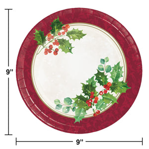 Bulk Pack of 16 Holiday Holly Dinner Plate