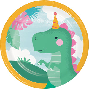 Bulk Pack of 24 Girl Dino Party 7" Paper Dessert Plate Asstd Designs