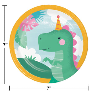 Bulk Pack of 24 Girl Dino Party 7" Paper Dessert Plate Asstd Designs