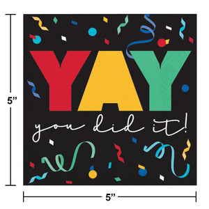 Bulk Pack of 48 Grad Cap Toss 2 Ply "Yay" Beverage Napkin