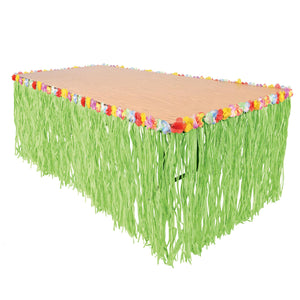 Luau Party Artificial Grass Table Skirt - green - with floral trim - Bulk/6 Table Skirts