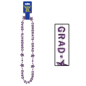 Congrats Grad Graduation Party Bead Necklaces - purple - Bulk 12 Pack