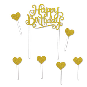 Happy Birthday Party Cake Topper- Gold - Bulk 12 Pack