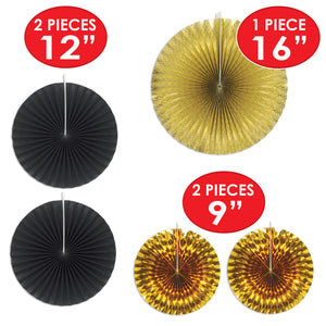 Assorted Paper & Foil Decorative Fans Black and Gold, party supplies, decorations, The Beistle Company, New Years, Bulk, Holiday Party Supplies, Discount New Years Eve 2017 Party Supplies, New Year's Eve Decorations, Miscellaneous New Years Eve Decorations