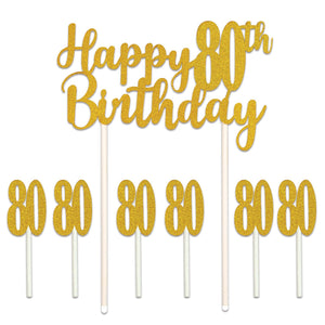 Happy 80th Birthday Party Cake Topper - Bulk 12 Pack