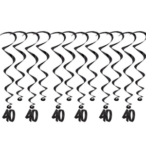 40th Birthday Party Whirls- Black - Bulk 72 Pack