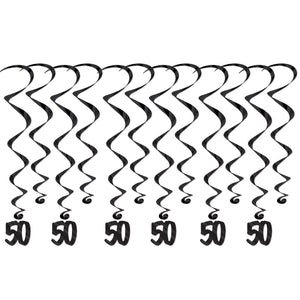 50th Birthday Party Whirls- Black - Bulk 72 Pack