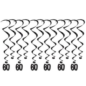 60th Birthday Party Whirls- Black - Bulk 72 Pack