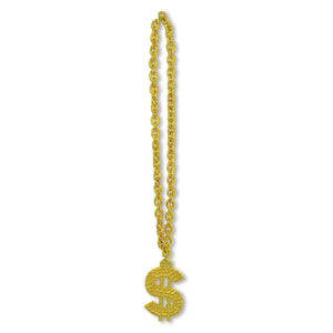 Gold Chain Party Bead Necklaces with $ Medallion - Bulk 12 Pack