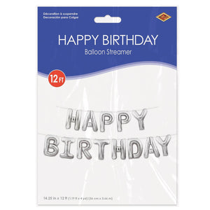 Bulk Happy Birthday Balloon Streamer -  Silver (Case of 6) by Beistle