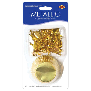 Bulk Metallic Cupcake Liners & Picks - Gold (Case of 144) by Beistle