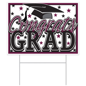 Burgundy Plastic Congrats Grad Yard Sign - Bulk 6 Pack