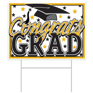 Plastic Gold Congrats Grad Graduation Party Yard Sign - Bulk 6 Pack