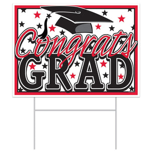 Plastic Red Congrats Grad Graduation Party Yard Sign - Bulk 6 Pack