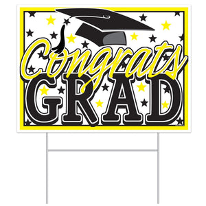 Plastic Yellow Congrats Grad Graduation Party Yard Sign - Bulk 6 Pack