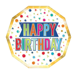 Happy Birthday Party Decagon Paper Plates 9 inch - Bulk 96 Pack