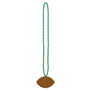 Green Party Bead Necklaces with Football Medallion - Bulk 12 Pack