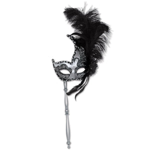 Feathered Mardi Gras Costume Mask with Stick - Bulk 12 Pack