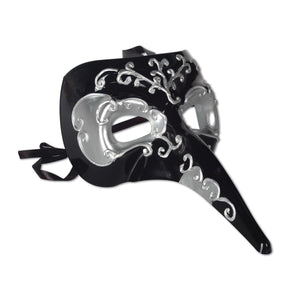 Mardi Gras Long Nose Mask - black/silver - black ribbon ties - Bulk 12 Pack