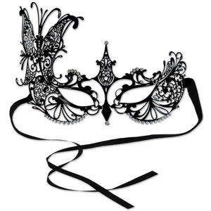 Black Ribbon Tie- Mardi Gras Metal Filigree Masquerade Mask - Bulk/6 Masks