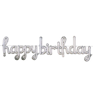 Script Silver Happy Birthday Party Balloon Streamer - Bulk 6 Pack