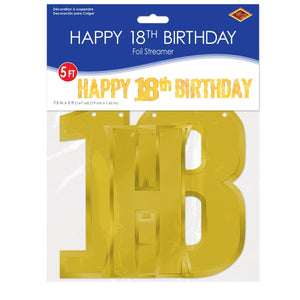 Beistle Foil Happy 18th Birthday Streamer gold - 7.5 inch x 5 Feet - Birthday-Age Specific Banners