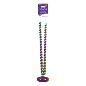 Beistle Beads with Glittered Mask Medallion - 33-inch Size - Mardi Gras Beads with Medallion