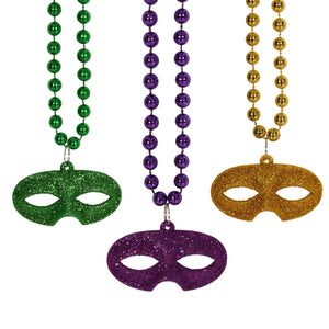 Beistle Beads with Glittered Mask Medallion - 33-inch Size - Mardi Gras Beads with Medallion