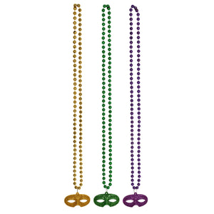 Bead Necklace with Glittered Mask Medallion - Bulk 36 Pack