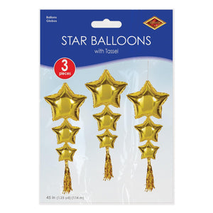 Beistle Star Balloons with Tassels Gold - Assembly Required - 45-inch Size - General Occasion Mylar Balloon Accessories