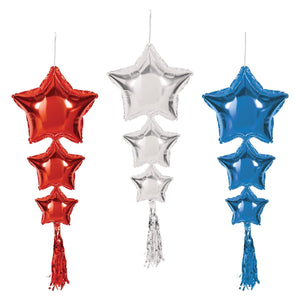 Star Balloons with Tassels Asst red, silver, blue - Bulk 18 Pack