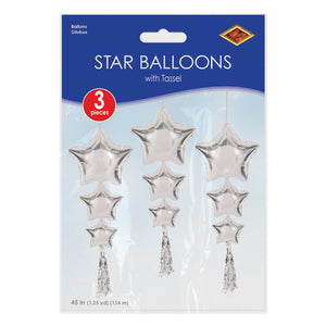 Beistle Star Balloons with Tassels Silver - Assembly Required - 45-inch Size - General Occasion Mylar Balloon Accessories