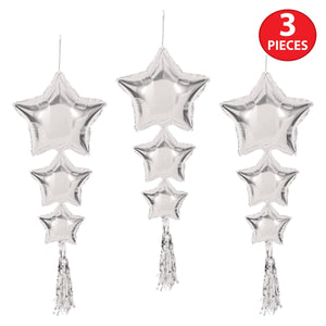 Beistle Star Balloons with Tassels Silver - Assembly Required - 45-inch Size - General Occasion Mylar Balloon Accessories