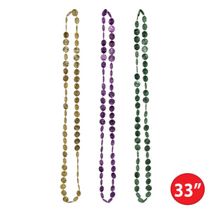 Beistle Mardi Gras Coin Beads - Assorted Gold, Green, Purple (6/Pkg) - 33 Inch