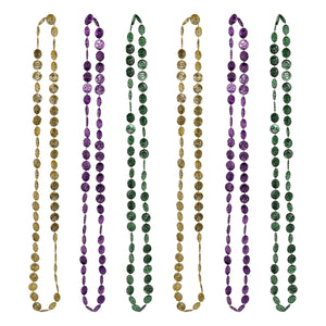 Mardi Gras Coin Bead Necklaces Asst gold, green, purple - Bulk 72 Pack