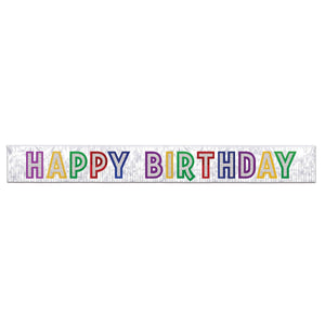 Metallic Happy Birthday Party Banner - white with silver - Bulk 6 Pack